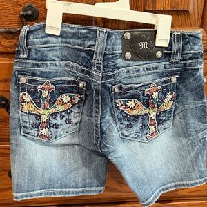 Women’s Miss Me Blue Denim Shorts with Colorful Embroidery